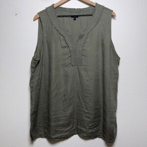 Talbots Womens 100% Linen Tank Top 2X Green V-Neck Crochet Trim Sleeveless Shell
